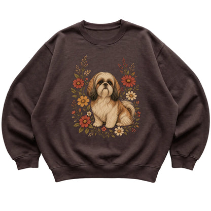 Dark Chocolate crewneck sweatshirt with Shih Tzu portrait and wildflowers, flat lay