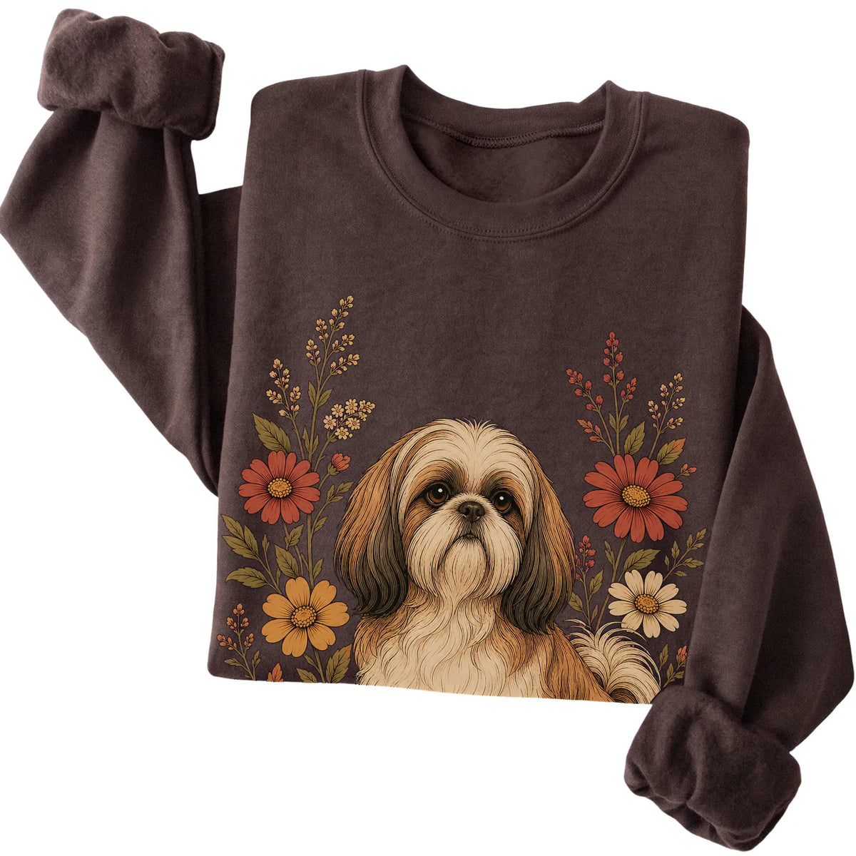 Dark Chocolate crewneck sweatshirt with Shih Tzu portrait and wildflowers, folded view