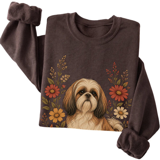 Dark Chocolate crewneck sweatshirt with Shih Tzu portrait and wildflowers, folded view
