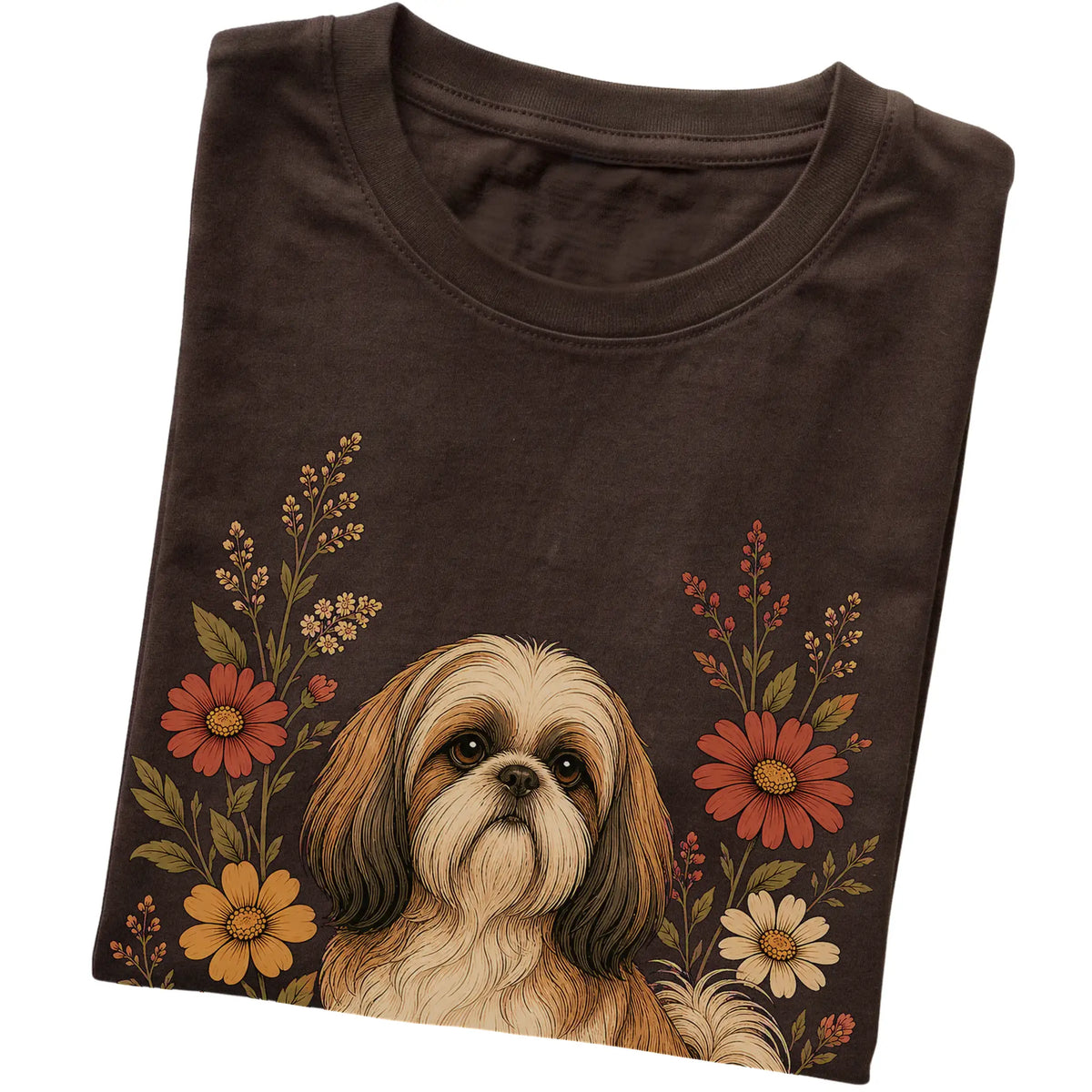 Dark Chocolate Softstyle T-shirt with Shih Tzu portrait and wildflowers, folded view
