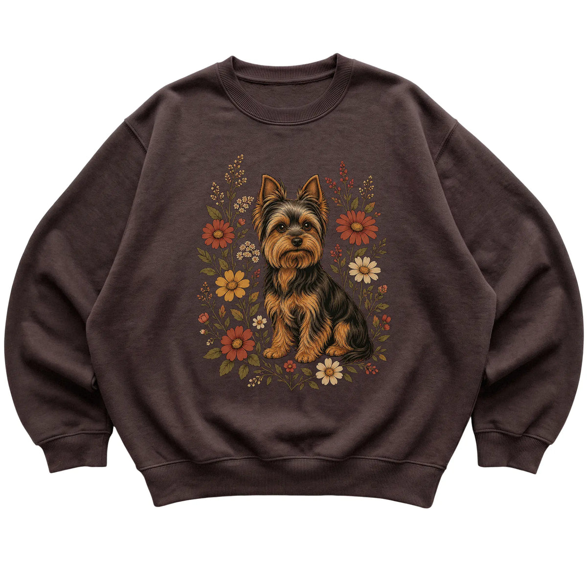 Dark Chocolate crewneck sweatshirt with Yorkie portrait and wildflowers, flat lay