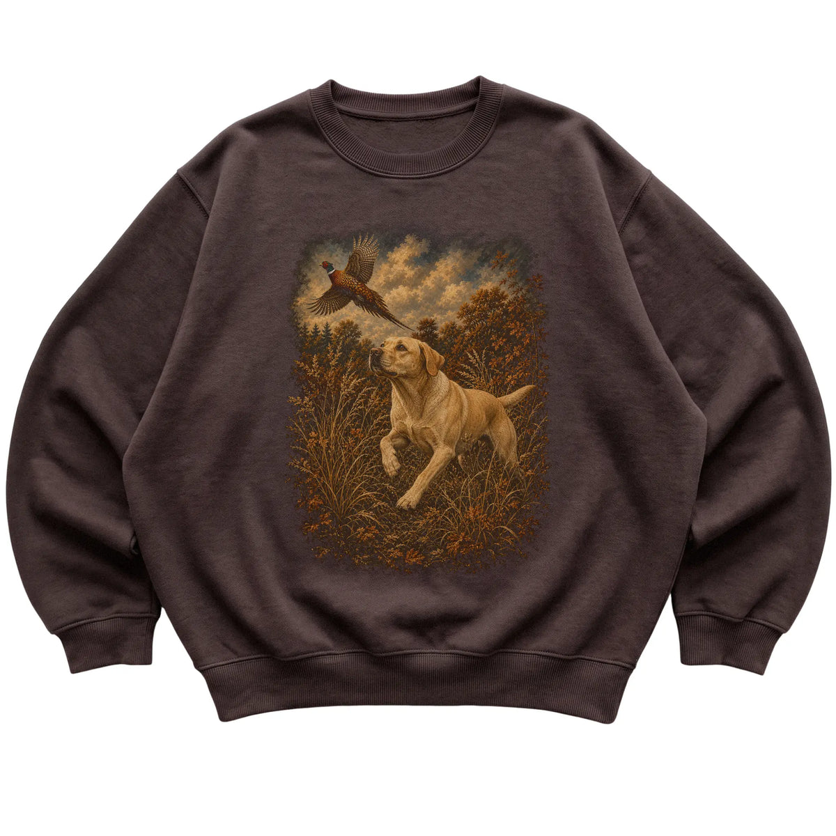 Yellow Lab Pheasant Hunting Sweatshirt in Dark Chocolate