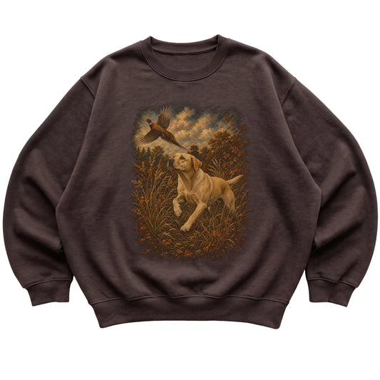 Yellow Lab Pheasant Hunting Sweatshirt in Dark Chocolate