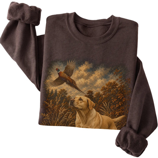 Yellow Lab Pheasant Hunting Sweatshirt in Dark Chocolate