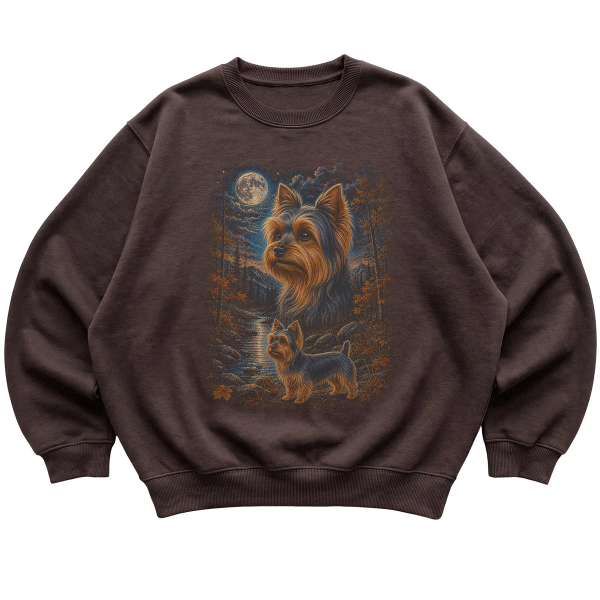 dark chocolate sweatshirt with Yorkie Autumn Moon artwork.