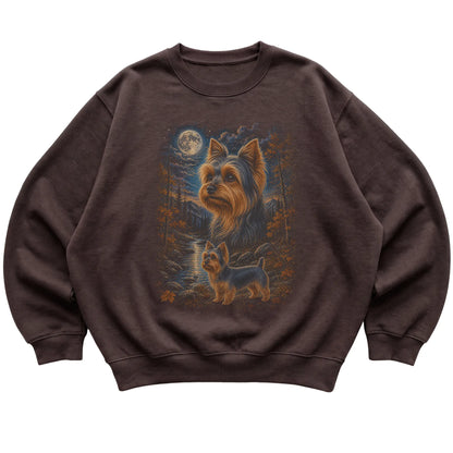 dark chocolate sweatshirt with Yorkie Autumn Moon artwork.