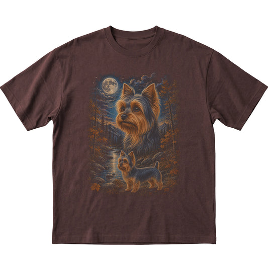 dark chocolate T-shirt with Yorkie Autumn Moon artwork.
