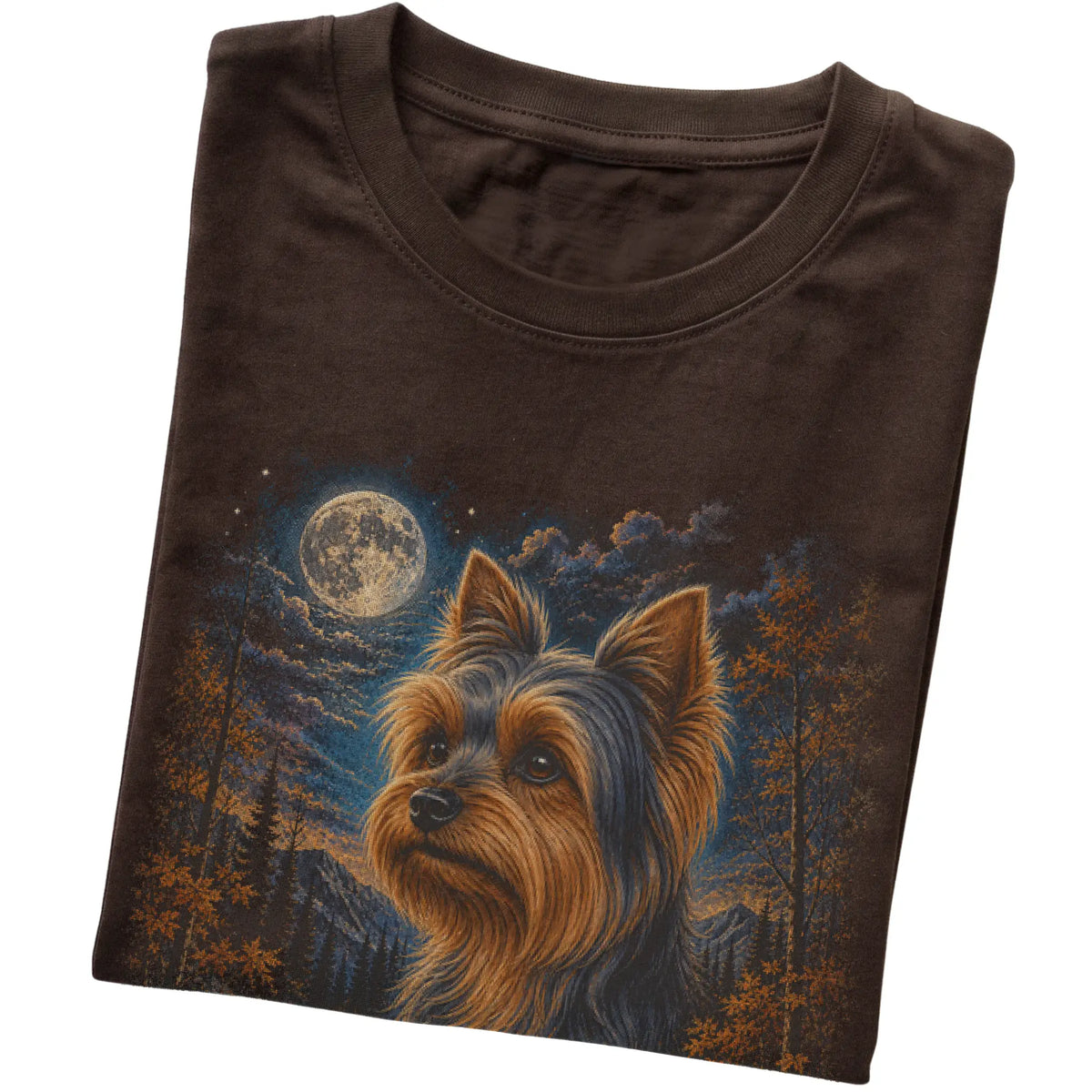 Folded dark chocolate T-shirt with Yorkie Autumn Moon artwork.