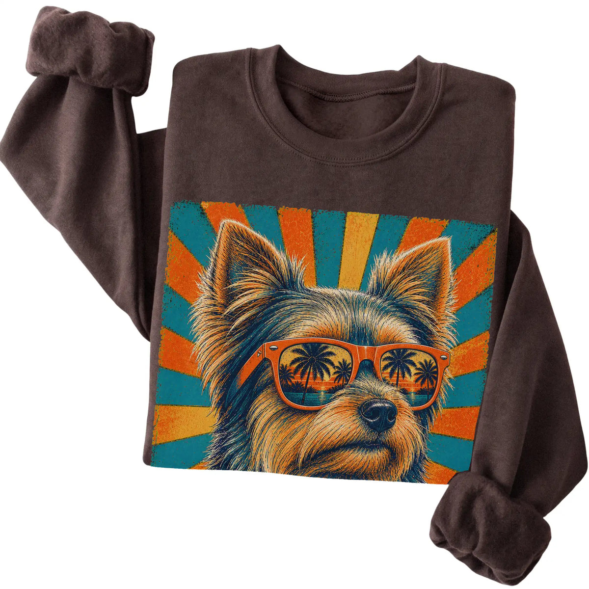 Folded Dark Chocolate crewneck sweatshirt with a Retro Yorkie Dad design