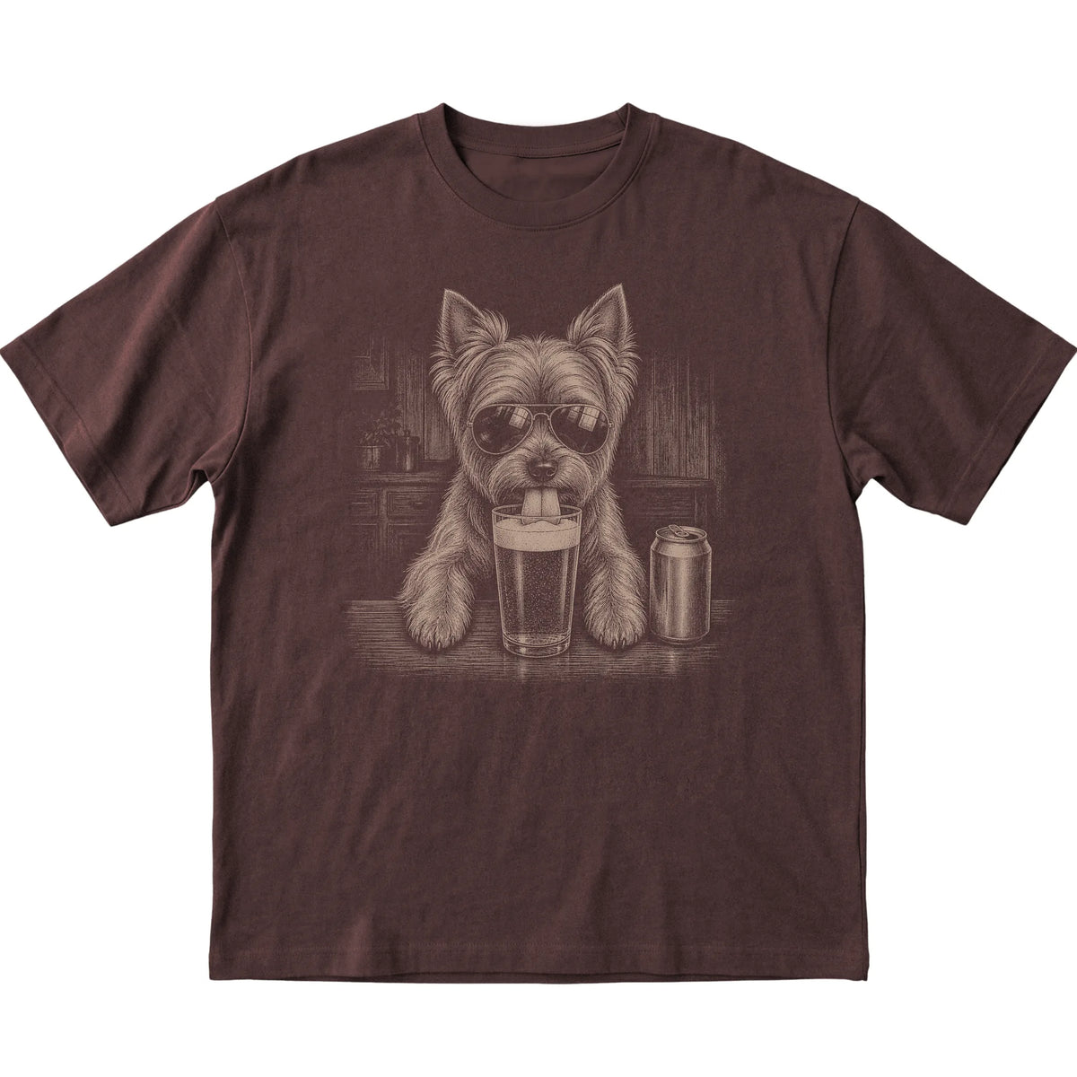 Dark Chocolate Yorkie drinking from a pint at a bar, laid flat