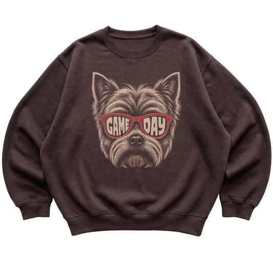 Yorkie Game Day design on a Dark Chocolate sweatshirt, flat lay
