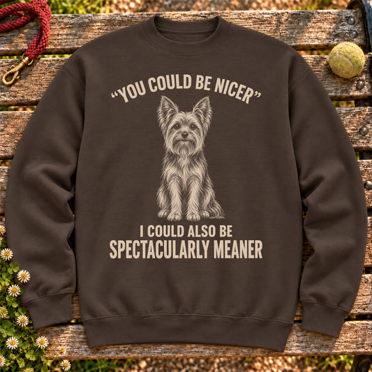 Yorkie Guard Dog on a Dark Chocolate crewneck sweatshirt, shown flat