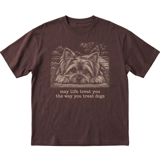 Yorkie Karma Softstyle T-shirt in Dark Chocolate — Flat Lay