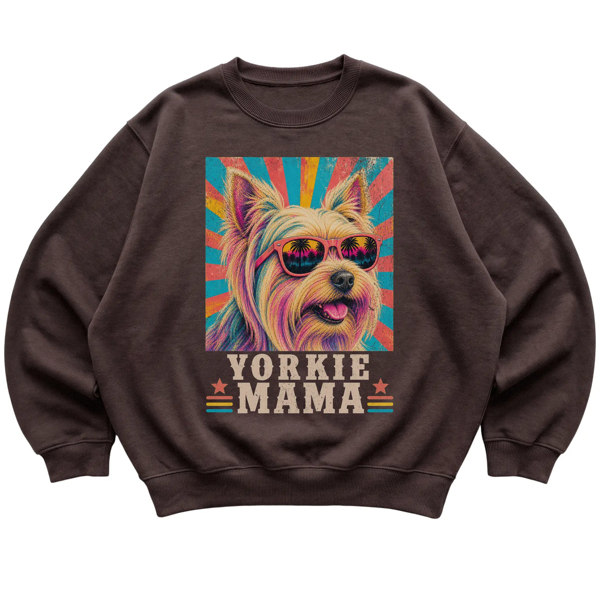 Retro Yorkie Mama design on a Dark Chocolate crewneck sweatshirt