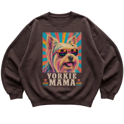 Retro Yorkie Mama design on a Dark Chocolate crewneck sweatshirt