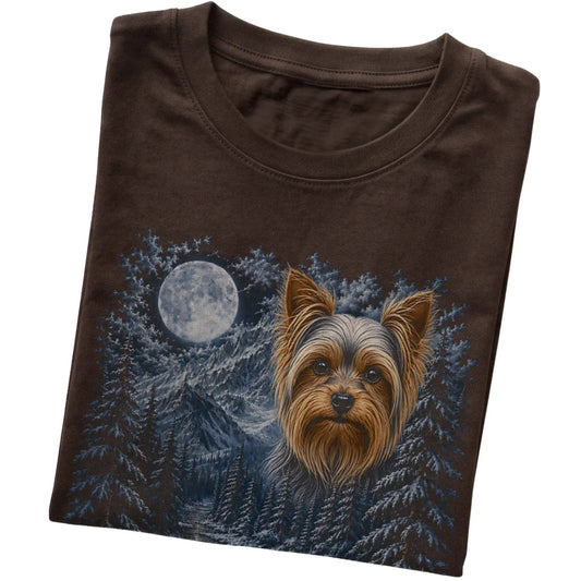 Folded dark chocolate T-shirt with Yorkie Winter Moon artwork.