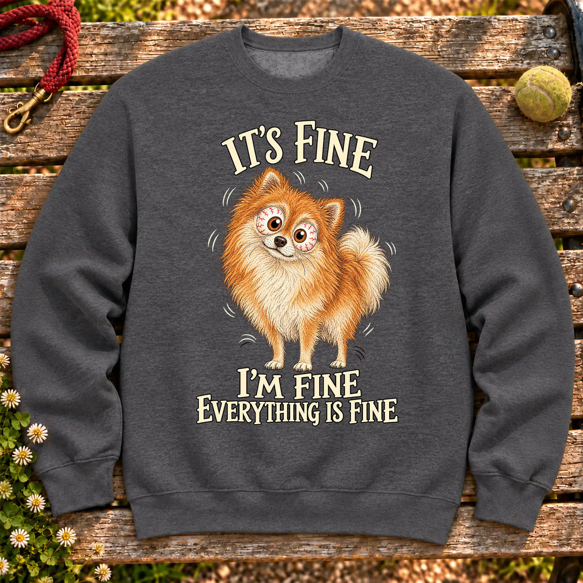 Pomeranian Everything Is Fine crewneck sweatshirt in Dark Heather