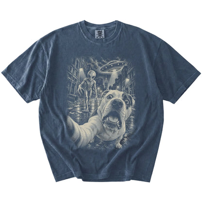 American Bulldog Alien Selfie Comfort Colors T-Shirt in Denim, flat view
