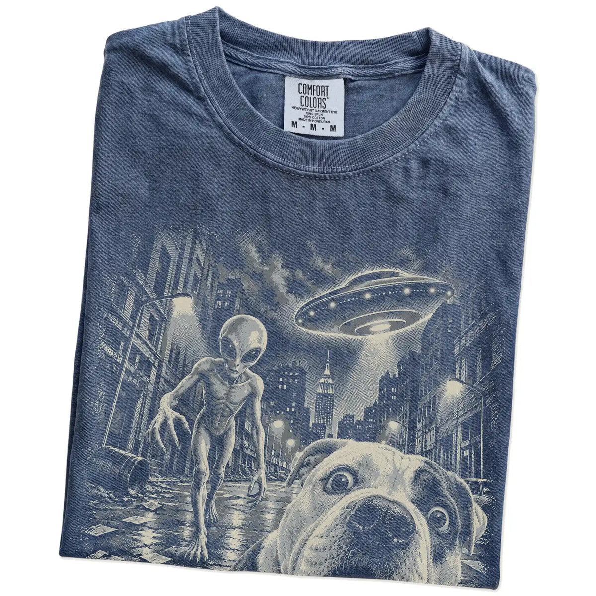American Bulldog Alien Selfie Comfort Colors T-Shirt in Denim, folded view