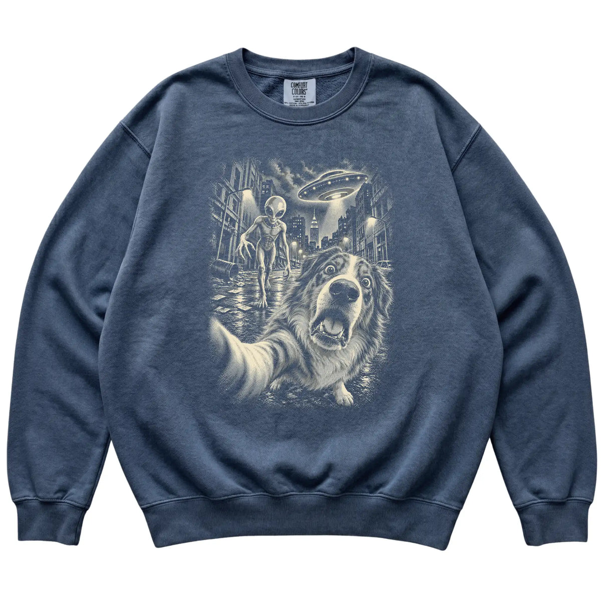 Australian Shepherd Alien Selfie Comfort Colors Sweatshirt in Denim, flat view