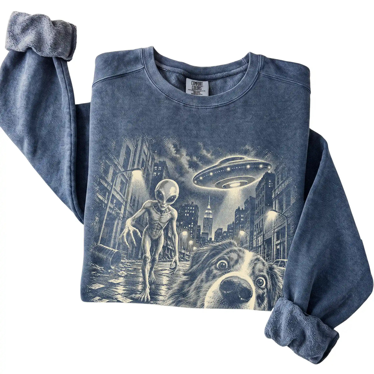 Australian Shepherd Alien Selfie Comfort Colors Sweatshirt in Denim, folded view