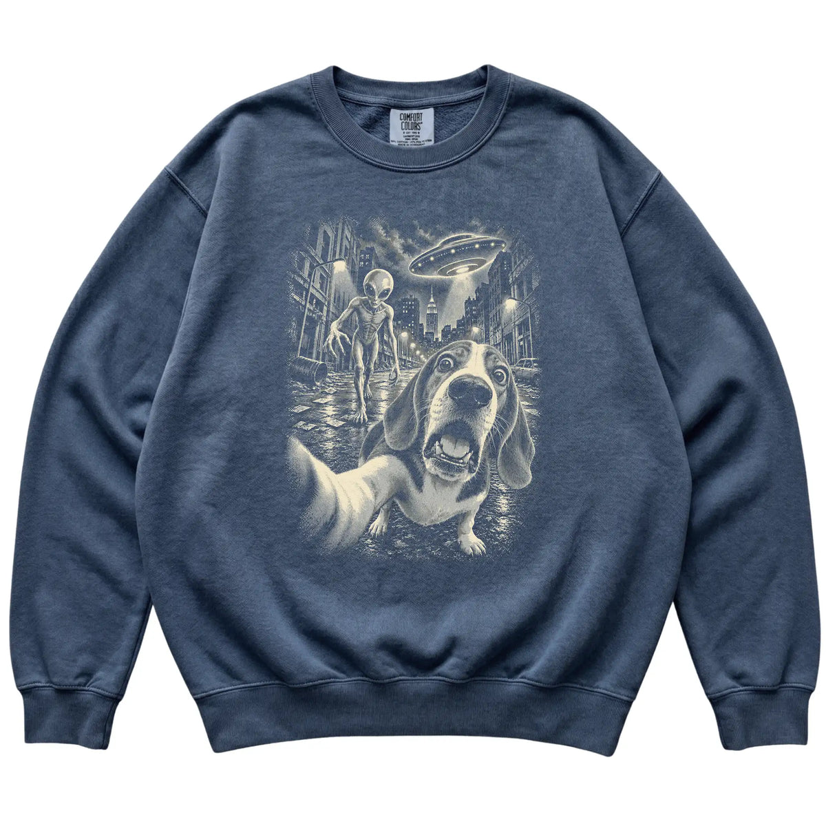 Beagle Alien Selfie Comfort Colors Sweatshirt in Denim, flat view