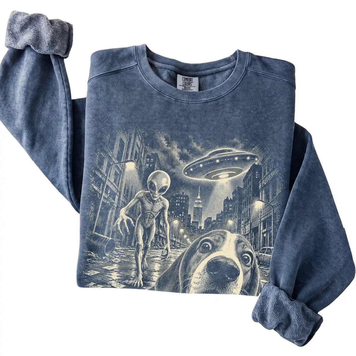 Beagle Alien Selfie Comfort Colors Sweatshirt in Denim, folded view