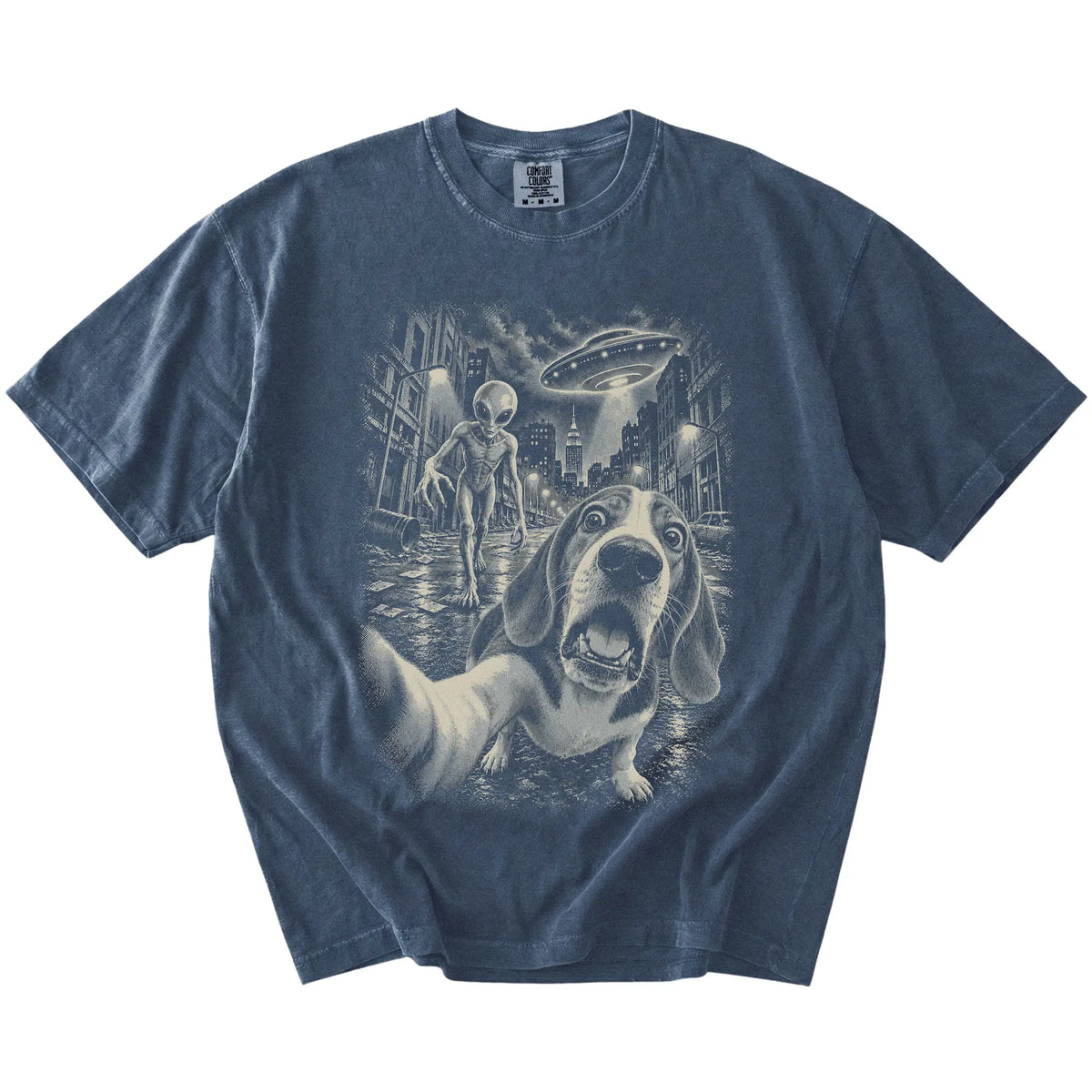 Beagle Alien Selfie Comfort Colors T-Shirt in Denim, flat view