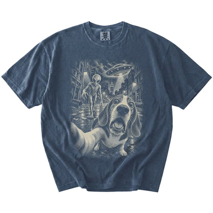 Beagle Alien Selfie Comfort Colors T-Shirt in Denim, flat view