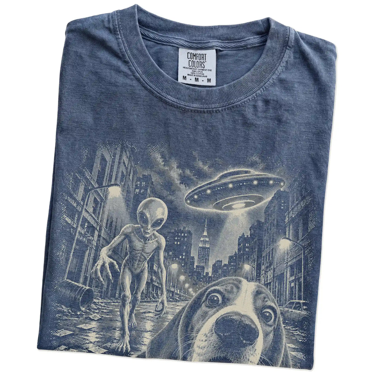 Beagle Alien Selfie Comfort Colors T-Shirt in Denim, folded view
