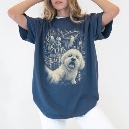 Bichon Frise Alien Selfie Comfort Colors T-Shirt in Denim, modeled view