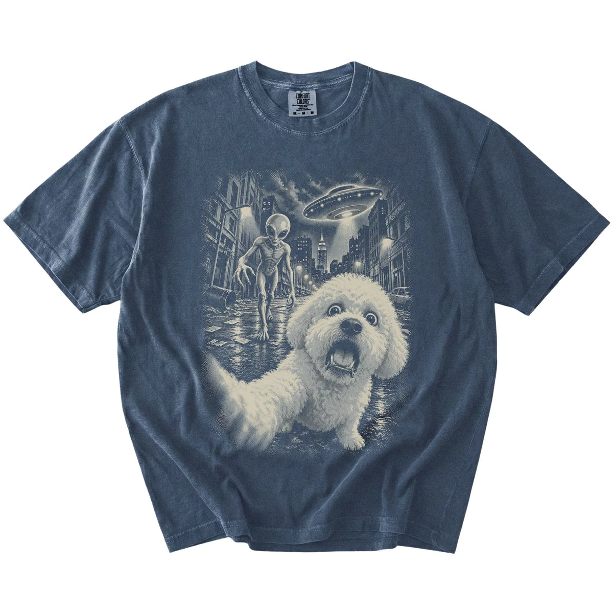 Bichon Frise Alien Selfie Comfort Colors T-Shirt in Denim, flat view
