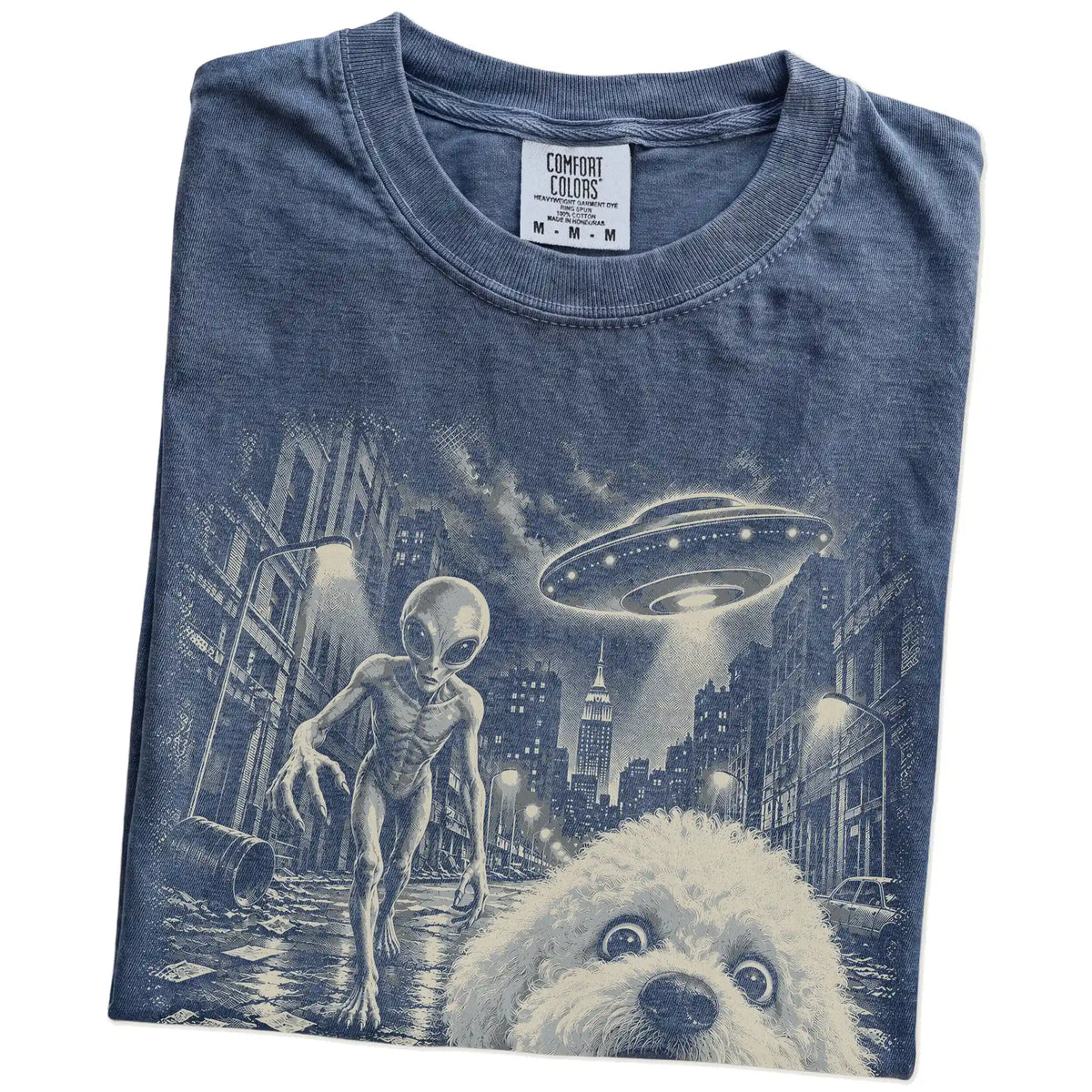 Bichon Frise Alien Selfie Comfort Colors T-Shirt in Denim, folded view