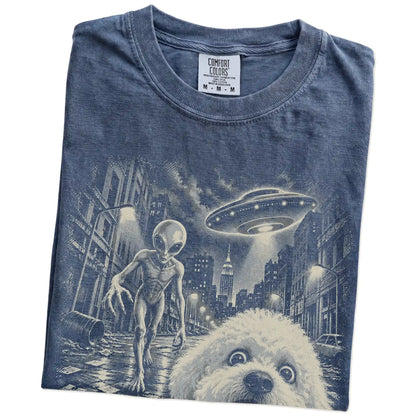 Bichon Frise Alien Selfie Comfort Colors T-Shirt in Denim, folded view
