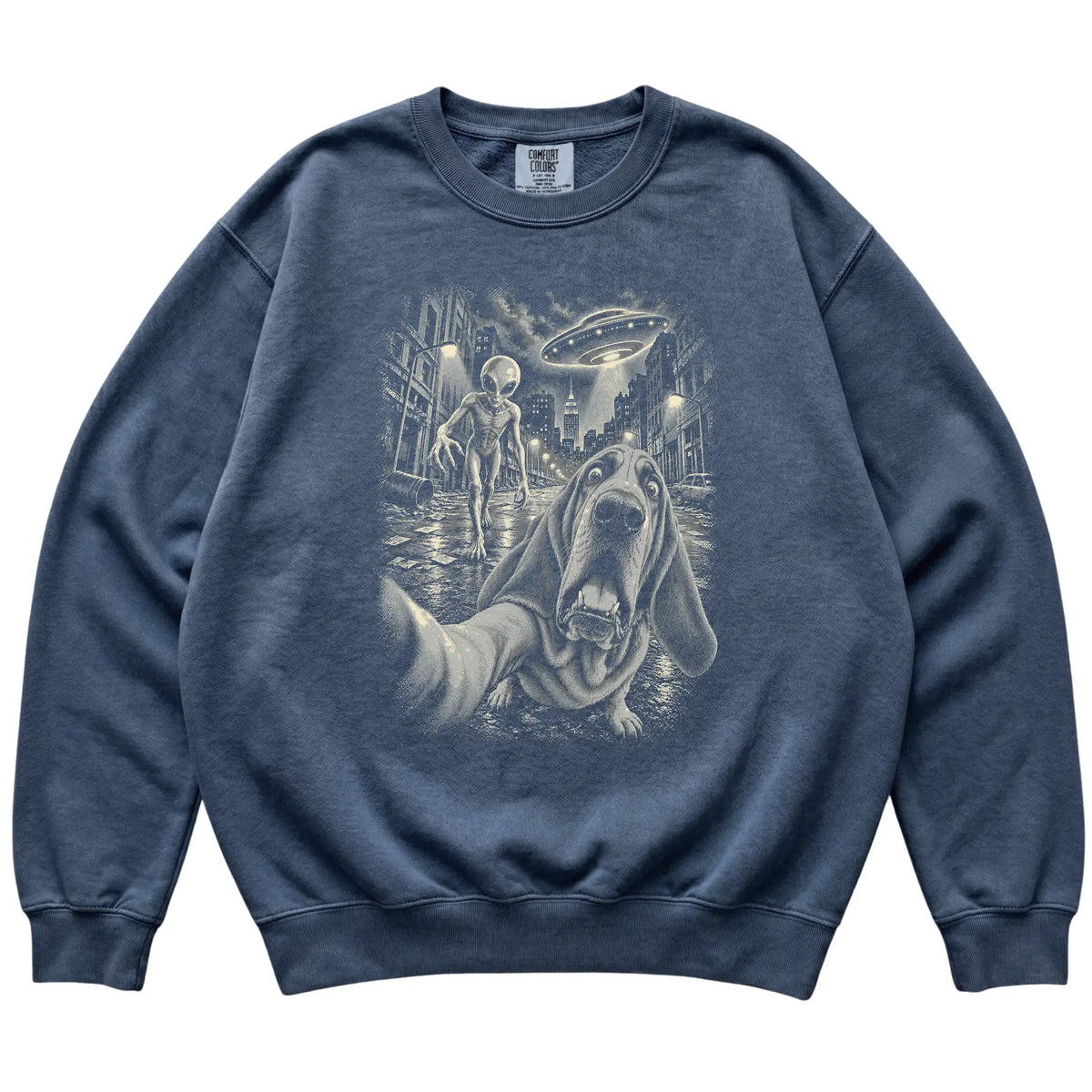 Bloodhound Alien Selfie Comfort Colors Sweatshirt in Denim, flat view