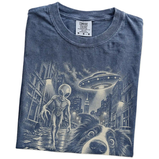 Border Collie Alien Selfie Comfort Colors T-Shirt in Denim, folded view
