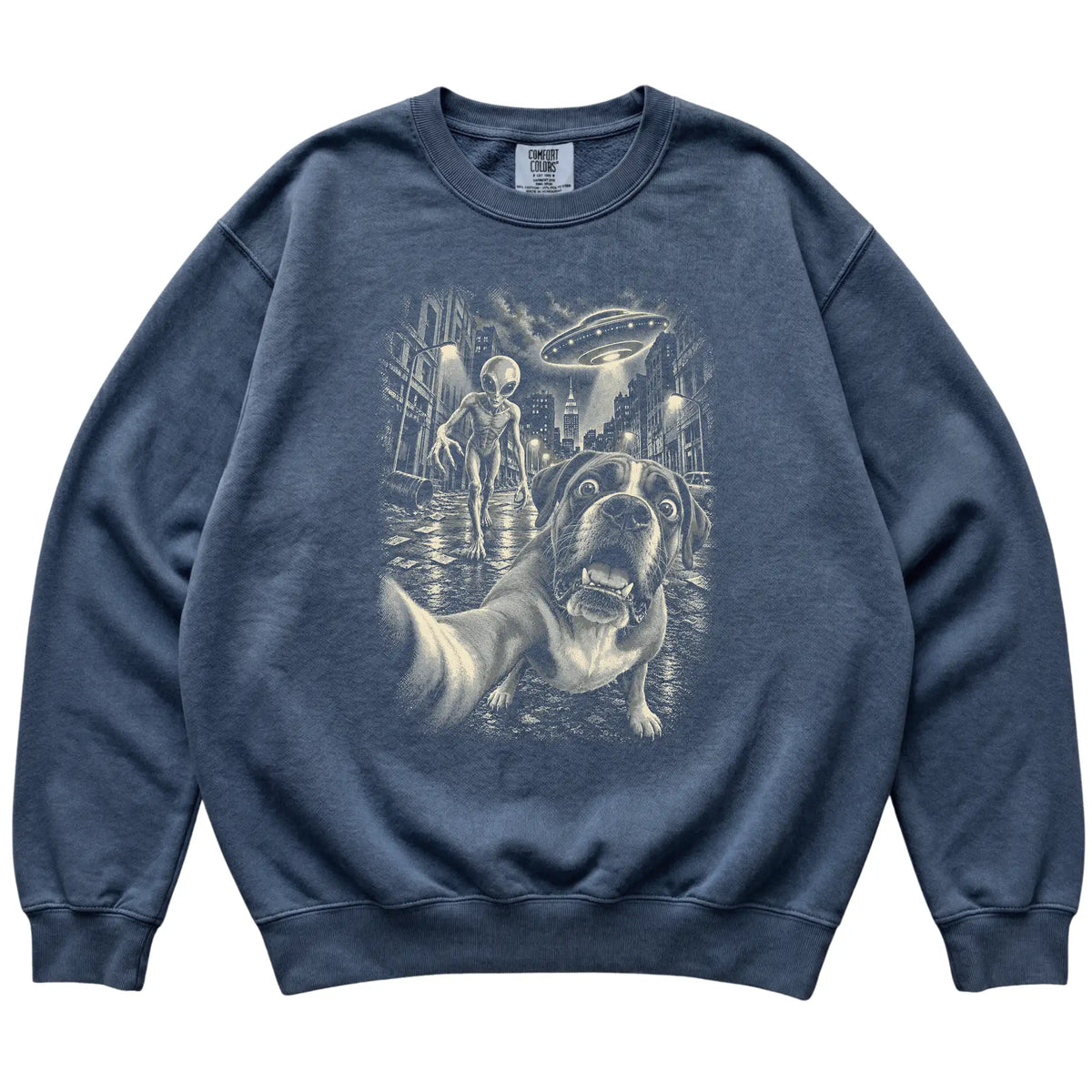 Boxer Alien Selfie Comfort Colors Sweatshirt in Denim, flat view