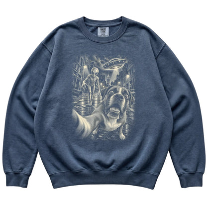 Boxer Alien Selfie Comfort Colors Sweatshirt in Denim, flat view