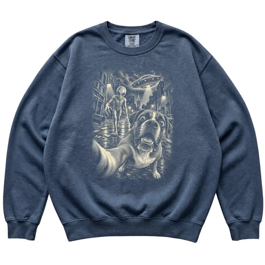 Boxer Alien Selfie Comfort Colors Sweatshirt in Denim, flat view