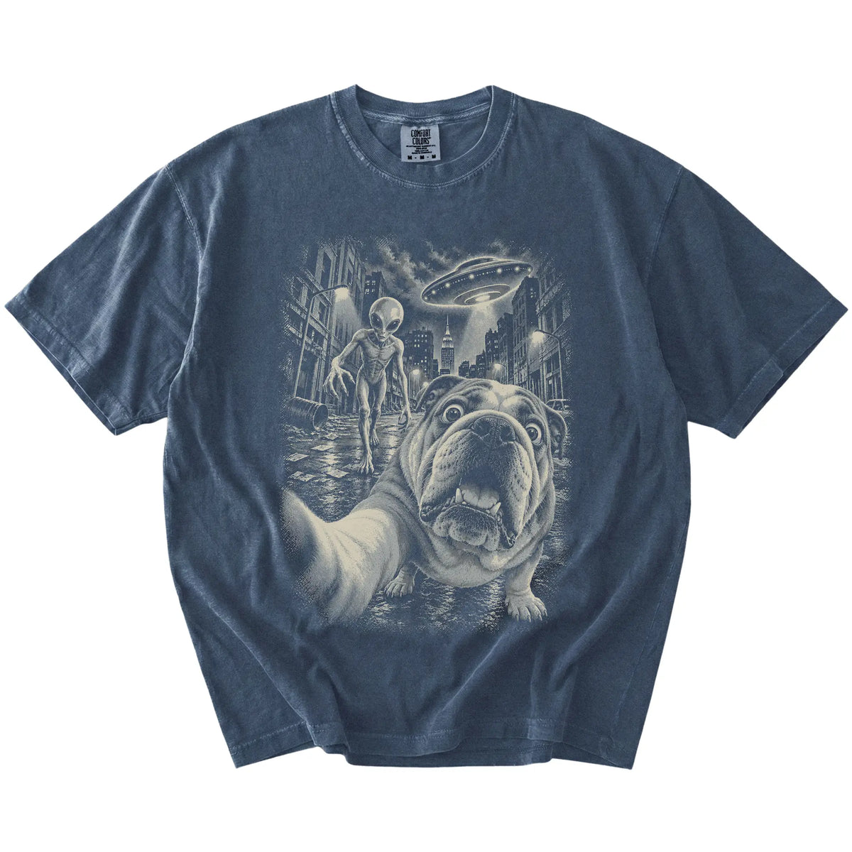 English Bulldog Alien Selfie Comfort Colors T-Shirt in Denim, flat view