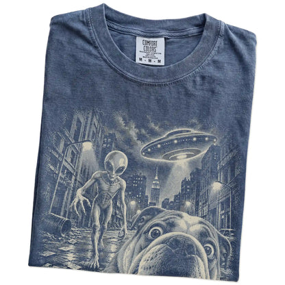 English Bulldog Alien Selfie Comfort Colors T-Shirt in Denim, folded view