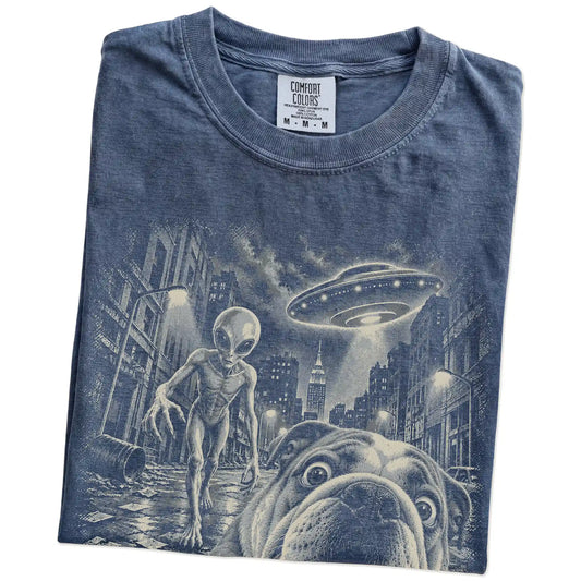 English Bulldog Alien Selfie Comfort Colors T-Shirt in Denim, folded view