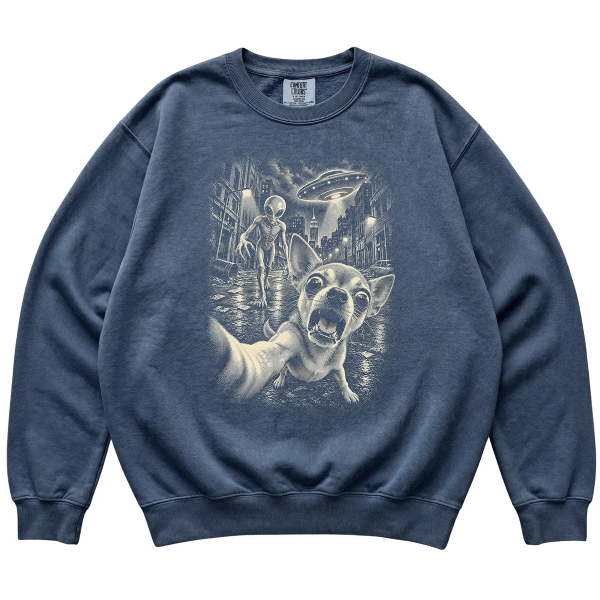 Chihuahua Alien Selfie Comfort Colors Sweatshirt in Denim, flat view