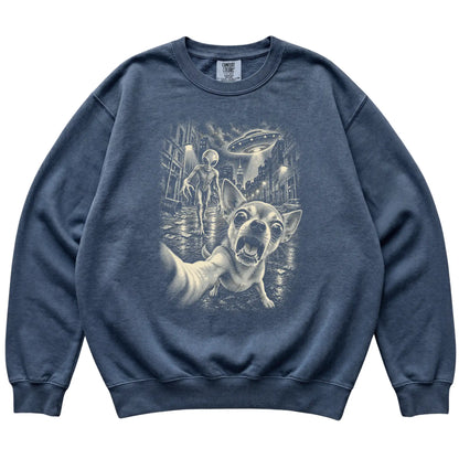 Chihuahua Alien Selfie Comfort Colors Sweatshirt in Denim, flat view