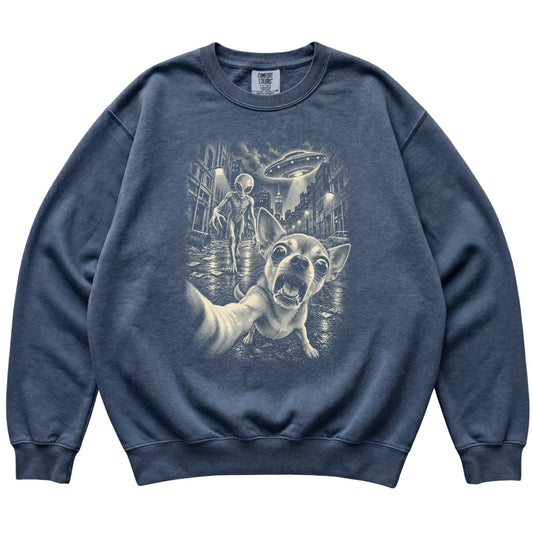 Chihuahua Alien Selfie Comfort Colors Sweatshirt in Denim, flat view