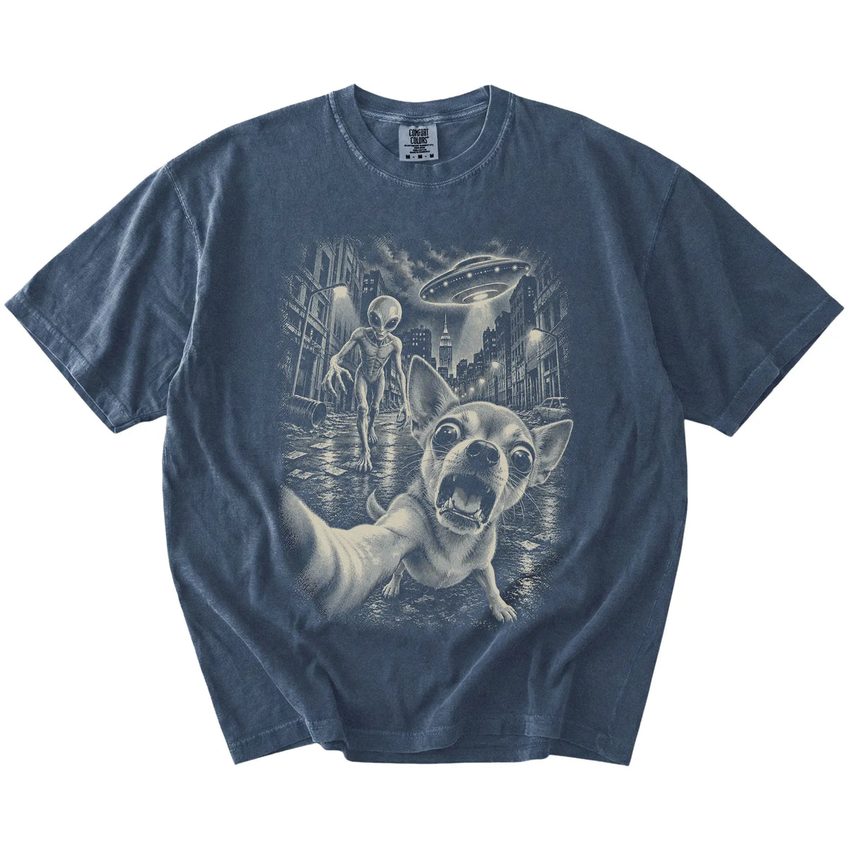 Chihuahua Alien Selfie Comfort Colors T-Shirt in Denim, flat view