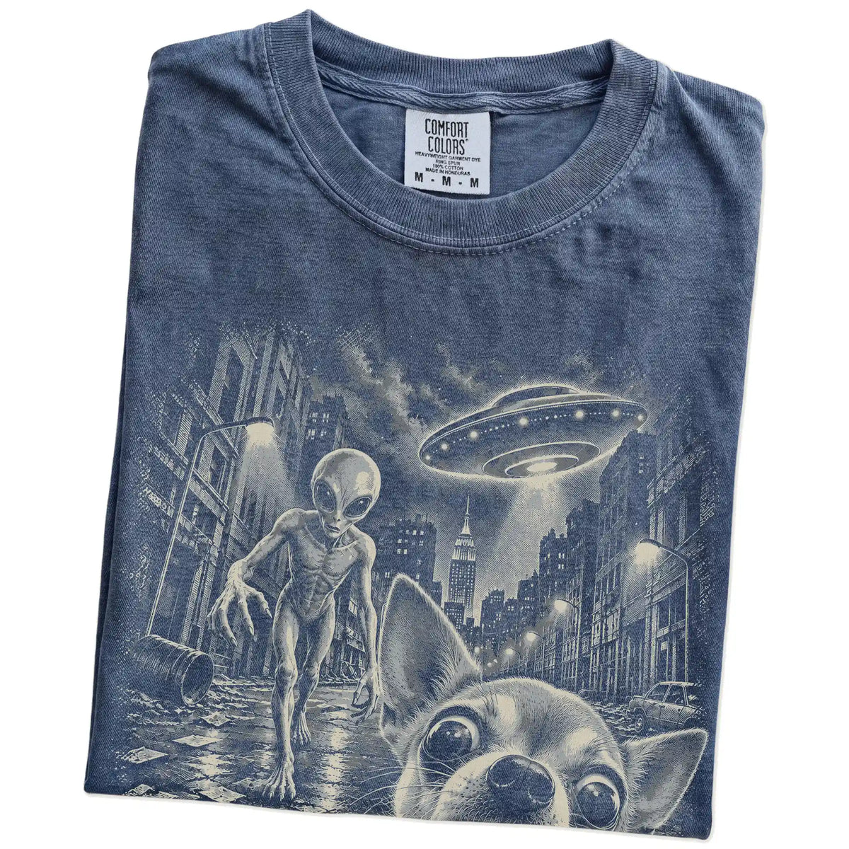 Chihuahua Alien Selfie Comfort Colors T-Shirt in Denim, folded view