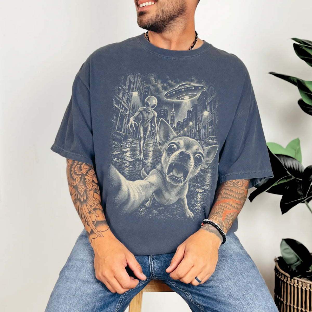 Chihuahua Alien Selfie Comfort Colors T-Shirt in Denim, modeled view