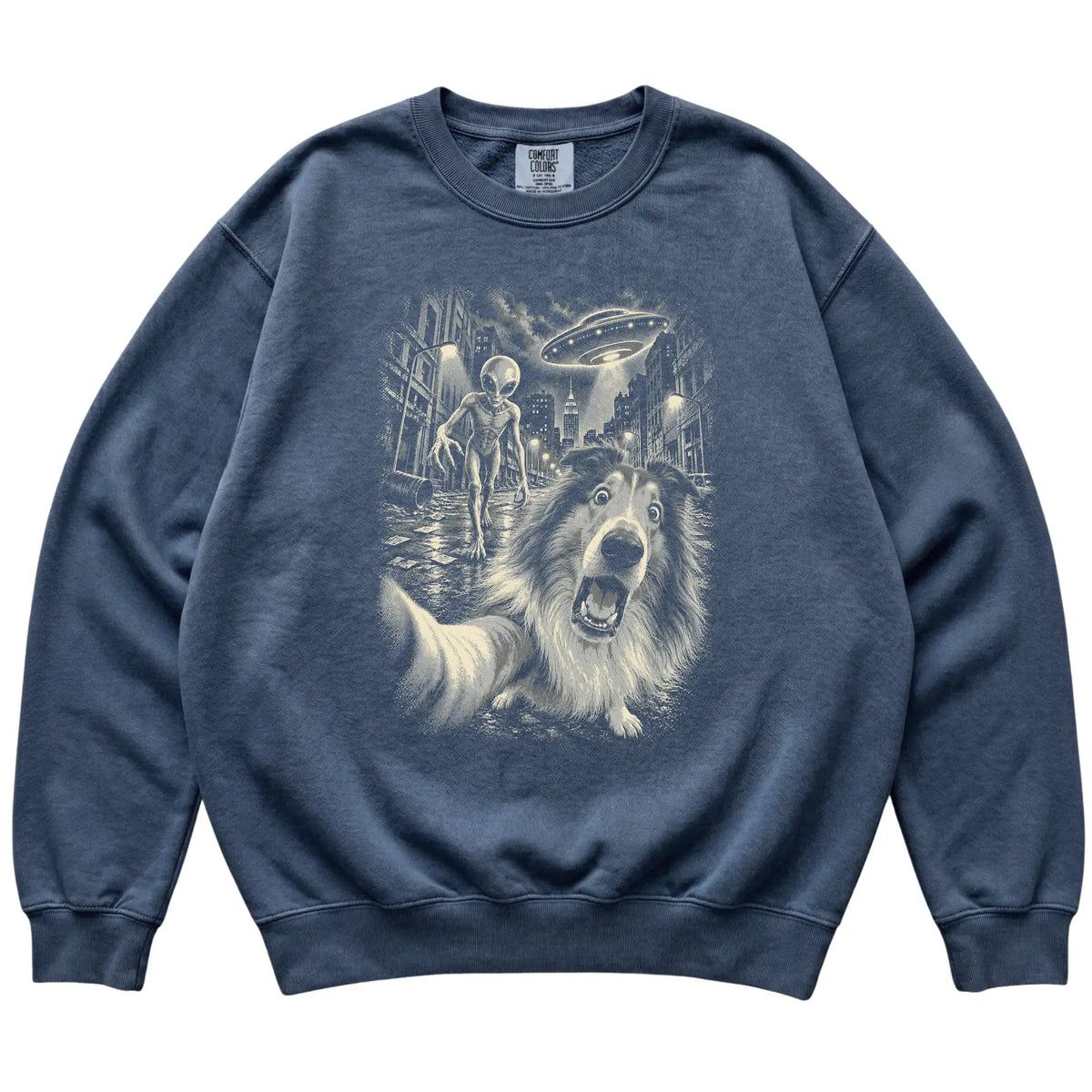 Collie Alien Selfie Comfort Colors Sweatshirt in Denim, flat view