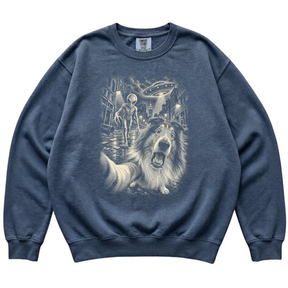 Collie Alien Selfie Comfort Colors Sweatshirt in Denim, flat view